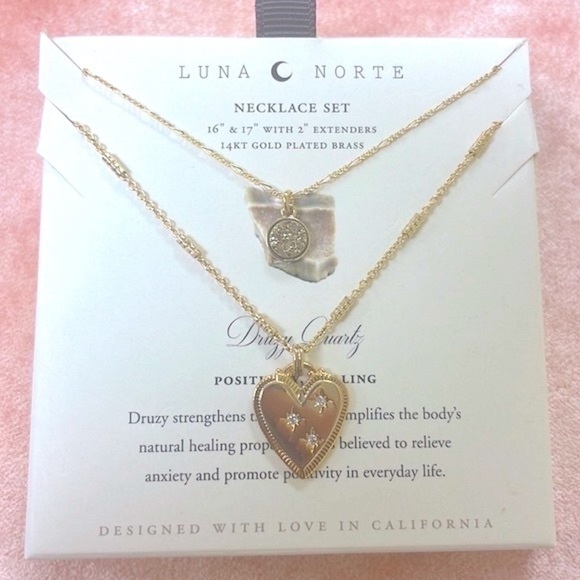 Brand New Luna Norte 14K Gold Plated Brass Druzy Quartz Two Piece Necklace Set - Picture 6 of 14